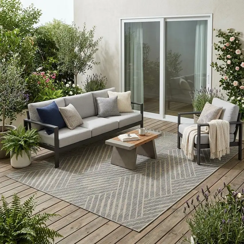 Gray Geometric Stain Resistant Indoor Outdoor Area Rug Photo 1