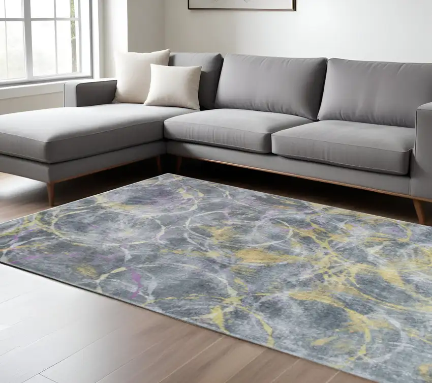 Gray Yellow And Purple Abstract Area Rug Photo 2