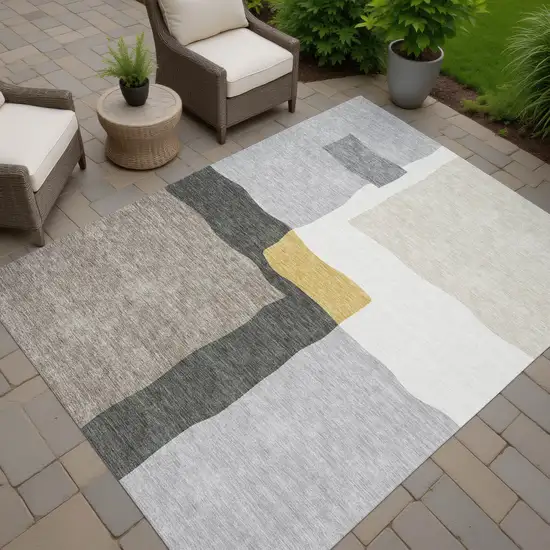 Gray Gold And Beige Abstract Washable Indoor Outdoor Area Rug Photo 6