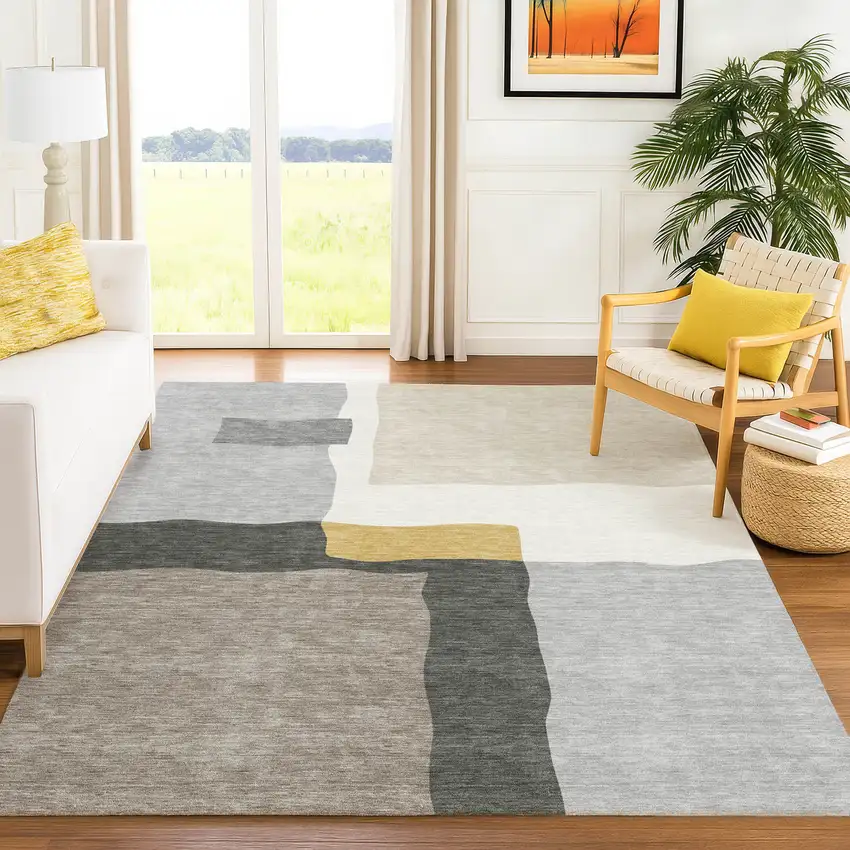 Gray Gold And Beige Abstract Washable Indoor Outdoor Area Rug Photo 4