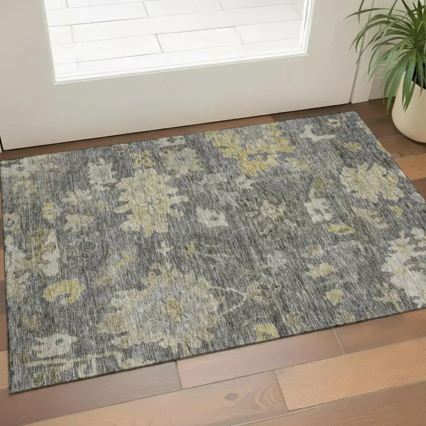 Gray Gold And Beige Floral Washable Area Rug With UV Protection Photo 1