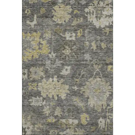 Gray Gold And Beige Floral Washable Area Rug With UV Protection Photo 4
