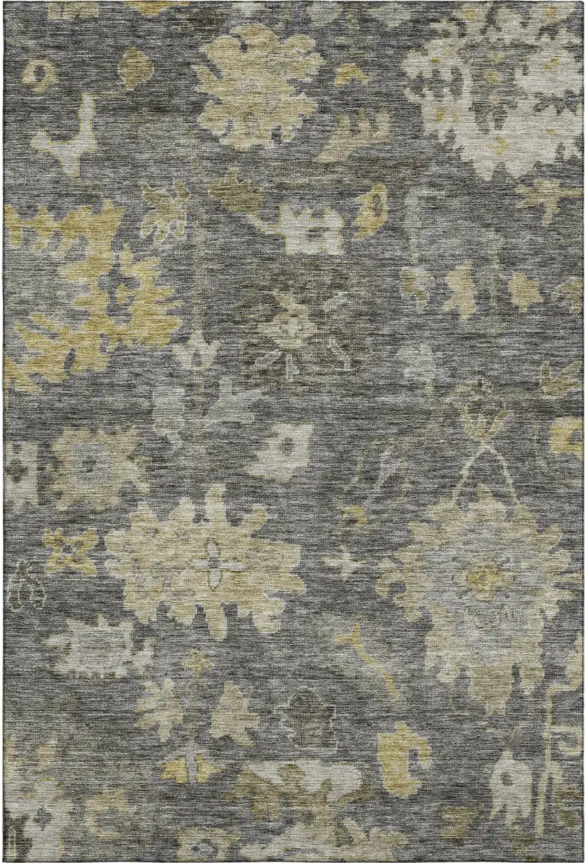 Gray Gold And Beige Floral Washable Area Rug With UV Protection Photo 4