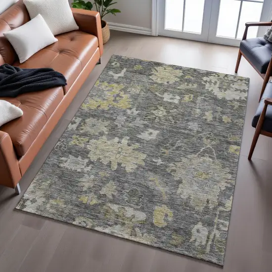Gray Gold And Beige Floral Washable Area Rug With UV Protection Photo 3