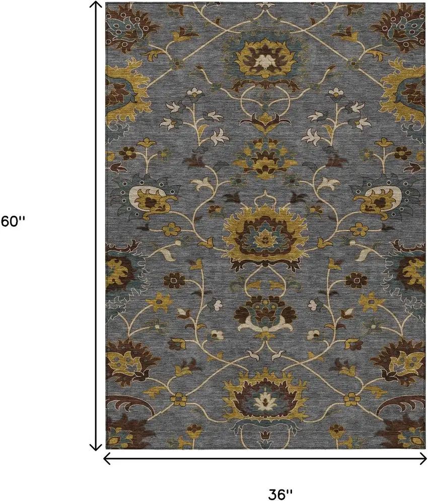 Gray Gold And Beige Floral Washable Indoor Outdoor Area Rug Photo 3