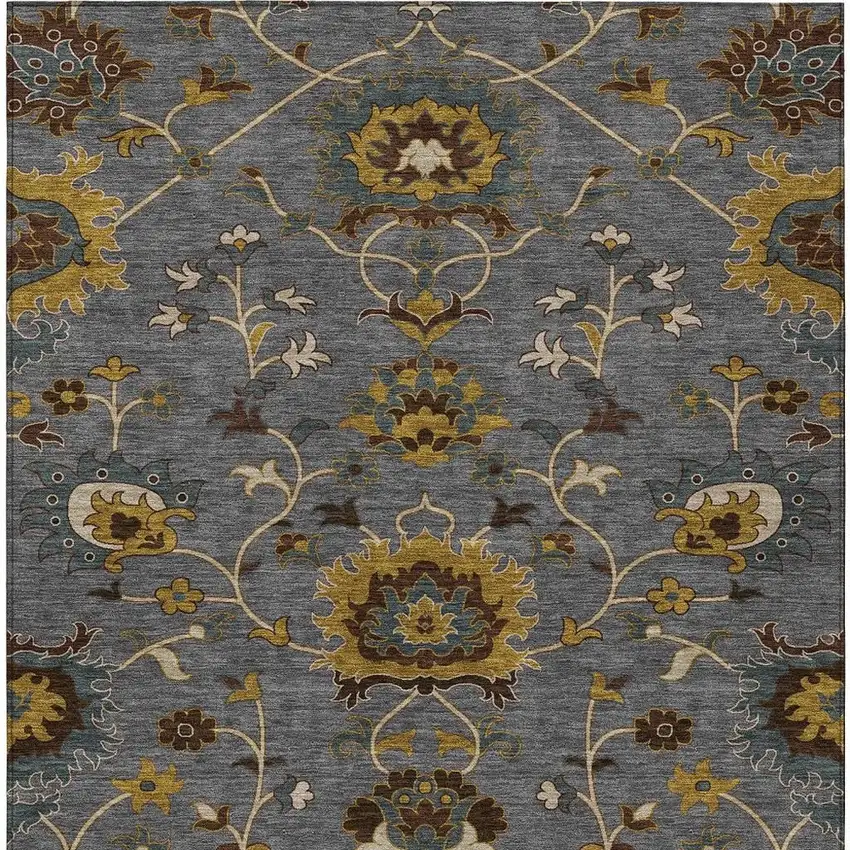 Gray Gold And Beige Floral Washable Indoor Outdoor Area Rug Photo 4