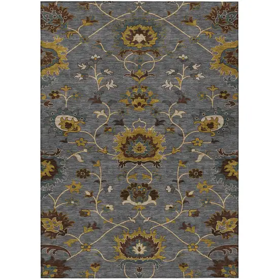 Gray Gold And Beige Floral Washable Indoor Outdoor Area Rug Photo 2