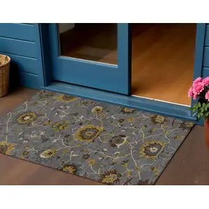 Photo of Gray Gold And Beige Floral Washable Indoor Outdoor Area Rug
