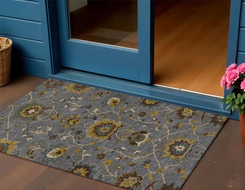 Gray Gold And Beige Floral Washable Indoor Outdoor Area Rug Photo 1