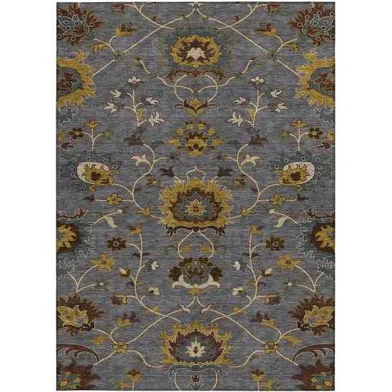Gray Gold And Beige Floral Washable Indoor Outdoor Area Rug Photo 5