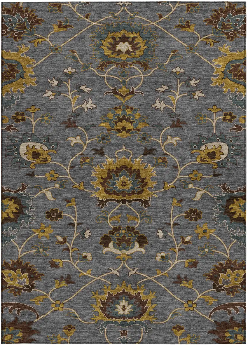 Gray Gold And Beige Floral Washable Indoor Outdoor Area Rug Photo 5