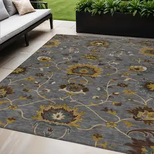 Photo of Gray Gold And Beige Floral Washable Indoor Outdoor Area Rug