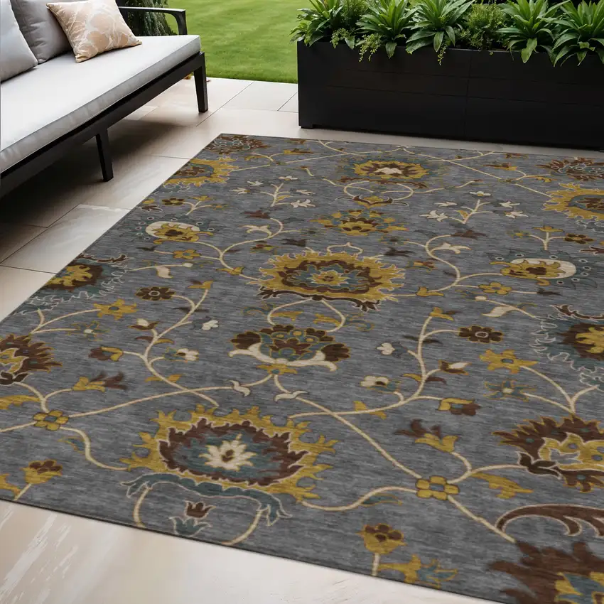 Gray Gold And Beige Floral Washable Indoor Outdoor Area Rug Photo 1