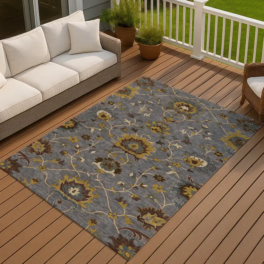 Gray Gold And Beige Floral Washable Indoor Outdoor Area Rug Photo 8