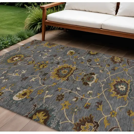 Gray Gold And Beige Floral Washable Indoor Outdoor Area Rug Photo 1
