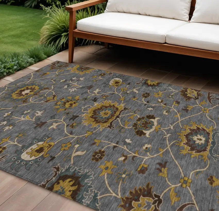 Gray Gold And Beige Floral Washable Indoor Outdoor Area Rug Photo 1