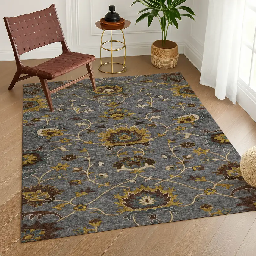 Gray Gold And Beige Floral Washable Indoor Outdoor Area Rug Photo 9