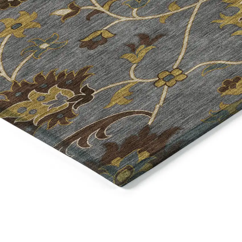 Gray Gold And Beige Floral Washable Indoor Outdoor Area Rug Photo 6