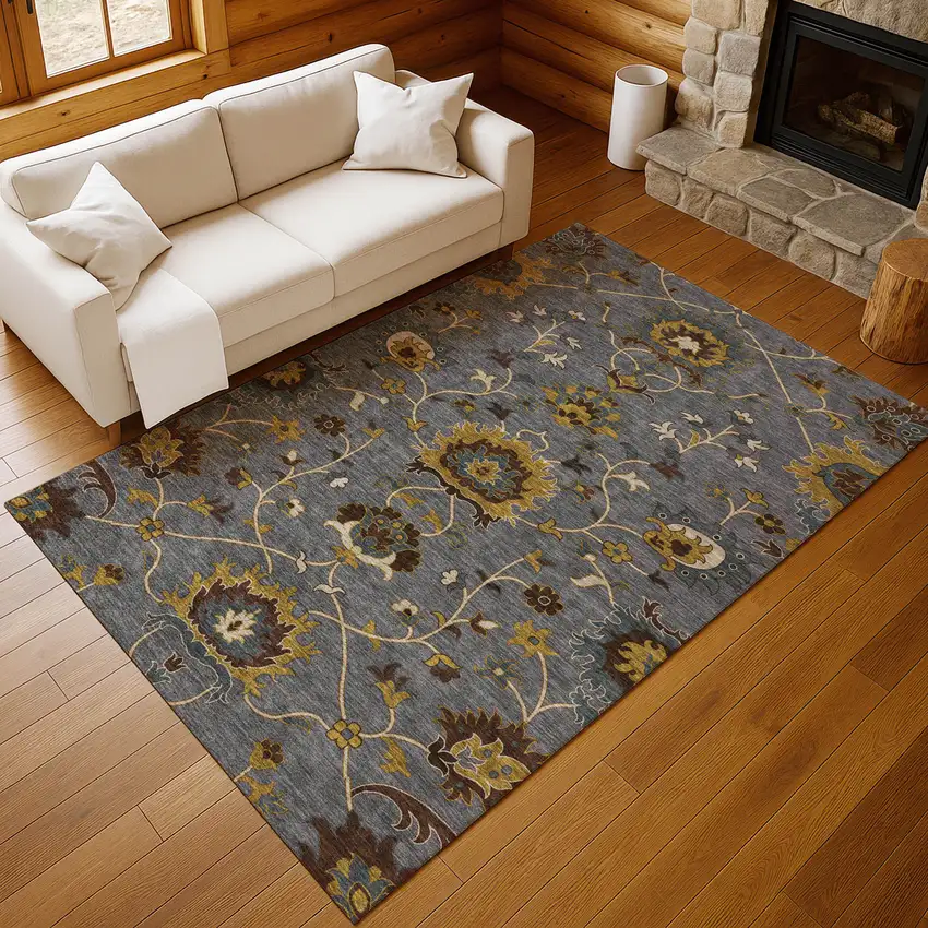 Gray Gold And Beige Floral Washable Indoor Outdoor Area Rug Photo 9