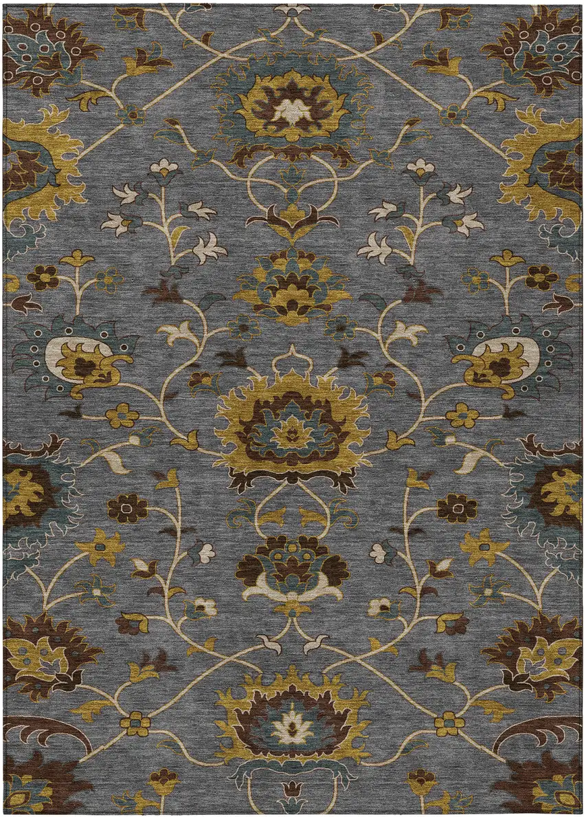 Gray Gold And Beige Floral Washable Indoor Outdoor Area Rug Photo 2