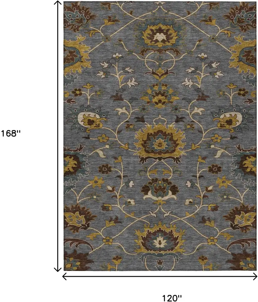 Gray Gold And Beige Floral Washable Indoor Outdoor Area Rug Photo 3