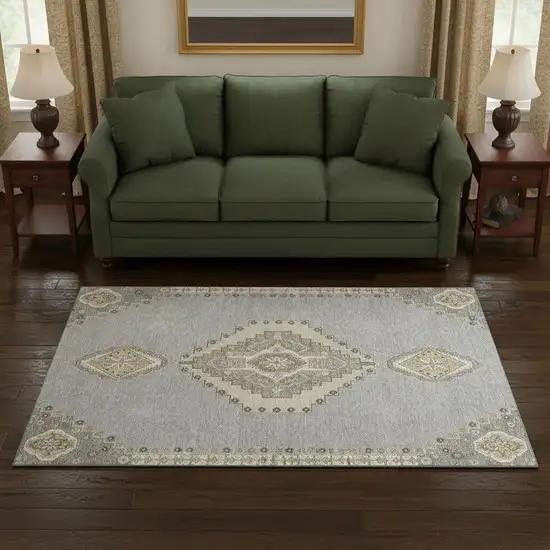 Gray Gold And Beige Oriental Washable Area Rug With UV Protection Photo 2