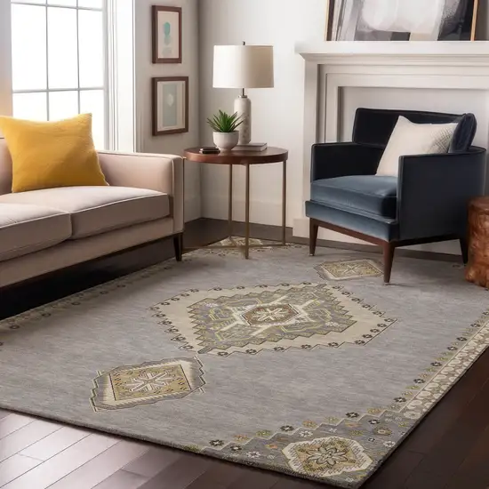 Gray Gold And Beige Oriental Washable Area Rug With UV Protection Photo 4