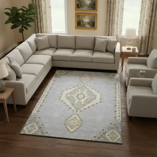 Gray Gold And Beige Oriental Washable Area Rug With UV Protection Photo 2