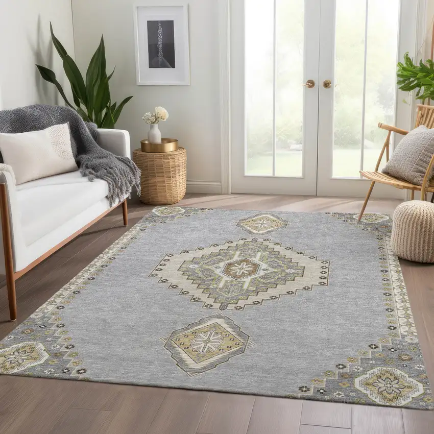 Gray Gold And Beige Oriental Washable Area Rug With UV Protection Photo 5