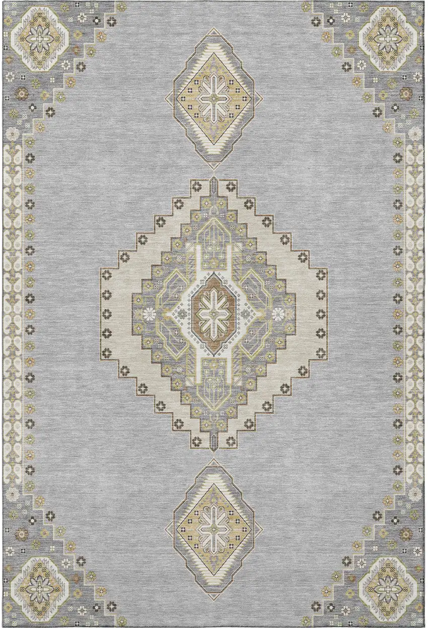 Gray Gold And Beige Oriental Washable Area Rug With UV Protection Photo 3
