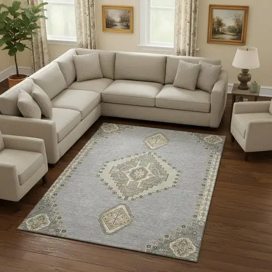 Gray Gold And Beige Oriental Washable Area Rug With UV Protection Photo 2