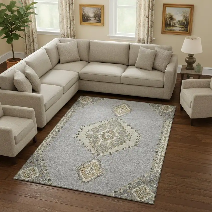 Gray Gold And Beige Oriental Washable Area Rug With UV Protection Photo 2