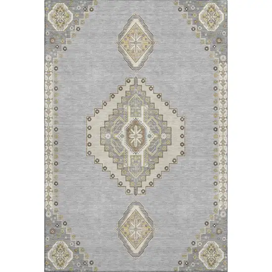 Gray Gold And Beige Oriental Washable Area Rug With UV Protection Photo 1
