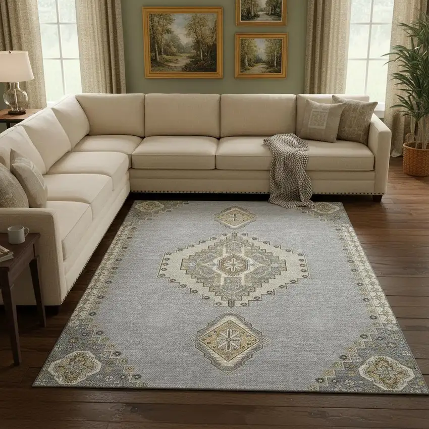 Gray Gold And Beige Oriental Washable Area Rug With UV Protection Photo 2