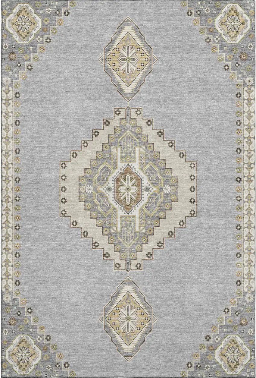 Gray Gold And Beige Oriental Washable Area Rug With UV Protection Photo 1