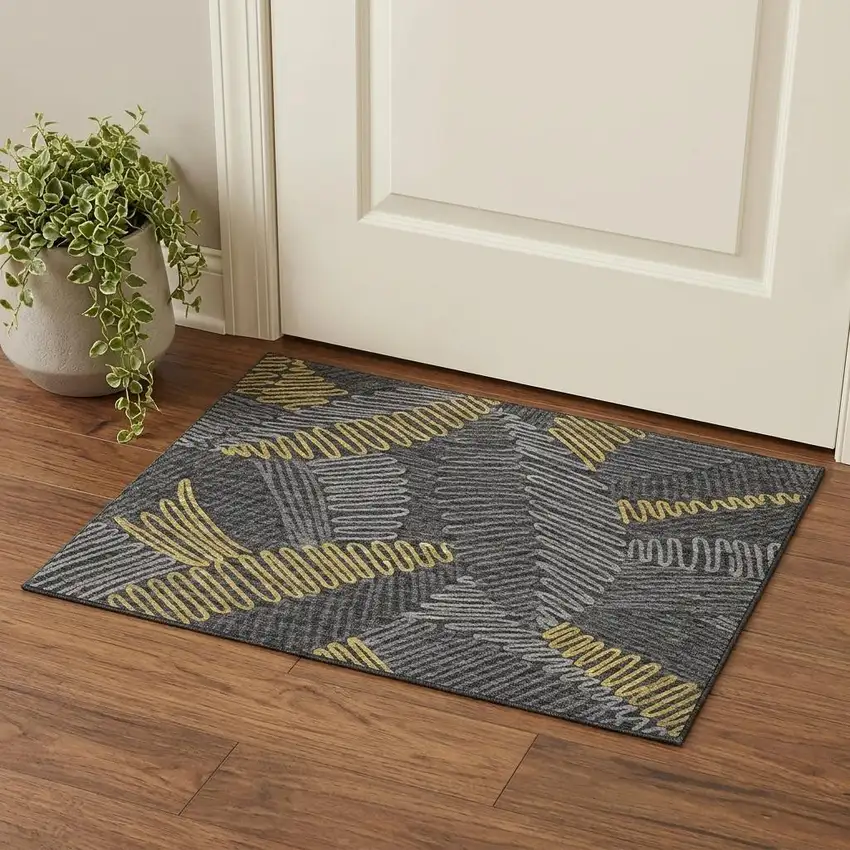 Gray Gold And Black Botanical Leaves Washable Area Rug With UV Protection Photo 1
