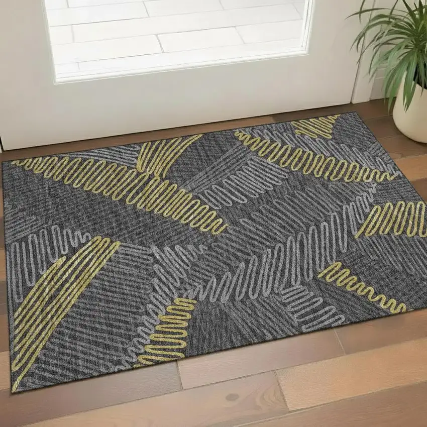 Gray Gold And Black Botanical Leaves Washable Area Rug With UV Protection Photo 2