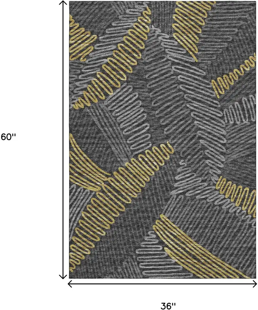 Gray Gold And Black Botanical Leaves Washable Area Rug With UV Protection Photo 3