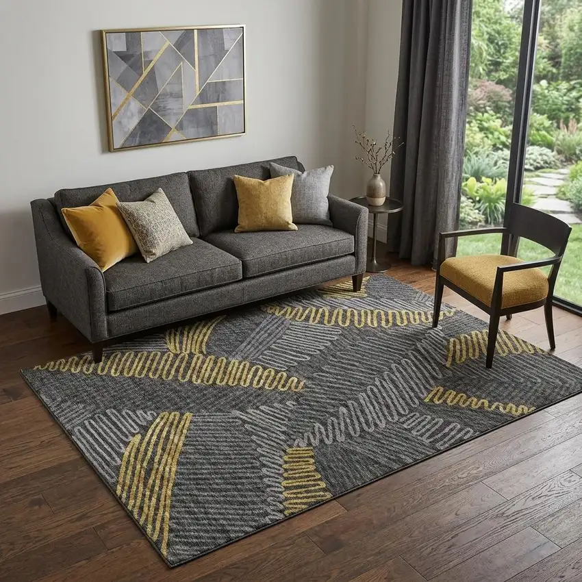 Gray Gold And Black Botanical Leaves Washable Area Rug With UV Protection Photo 1
