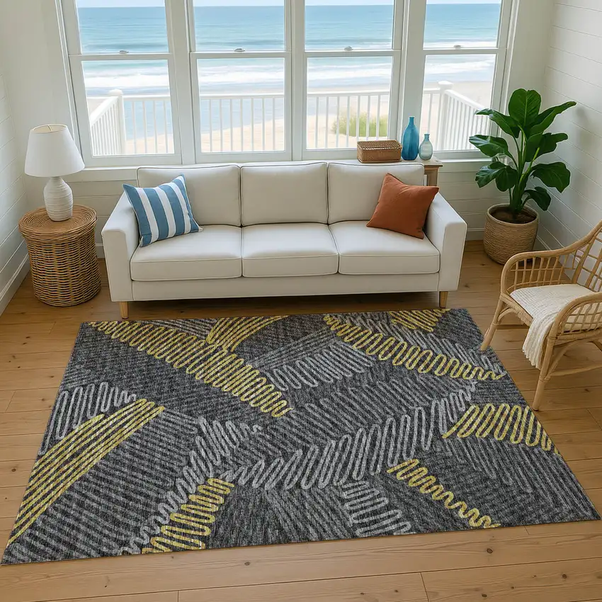 Gray Gold And Black Botanical Leaves Washable Area Rug With UV Protection Photo 5