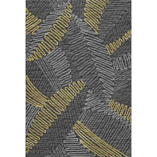 Gray Gold And Black Botanical Leaves Washable Area Rug With UV Protection Photo 2