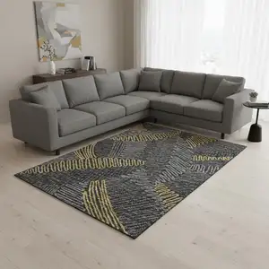 Photo of Gray Gold And Black Botanical Leaves Washable Area Rug With UV Protection