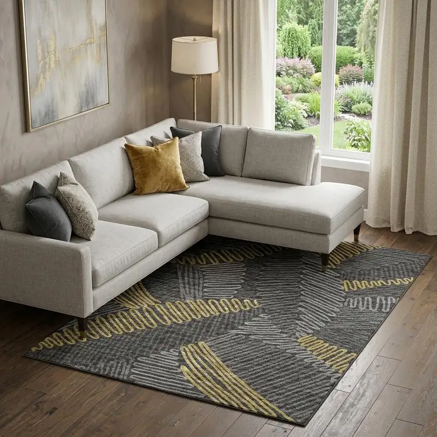 Gray Gold And Black Botanical Leaves Washable Area Rug With UV Protection Photo 1