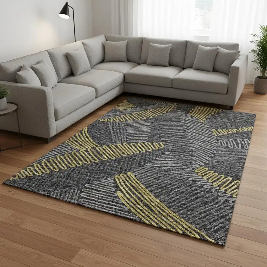 Gray Gold And Black Botanical Leaves Washable Area Rug With UV Protection Photo 1