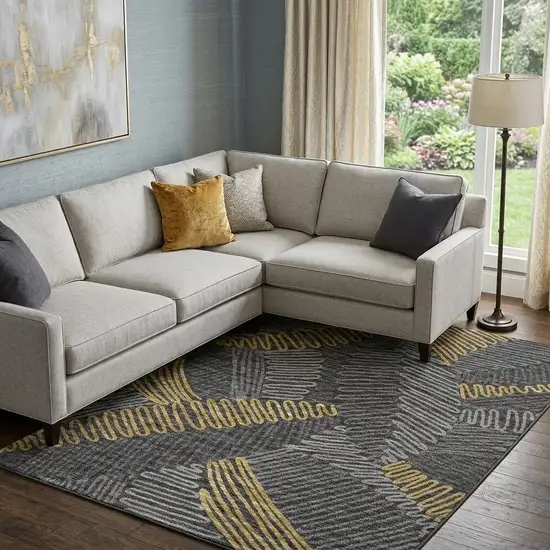 Gray Gold And Black Botanical Leaves Washable Area Rug With UV Protection Photo 1