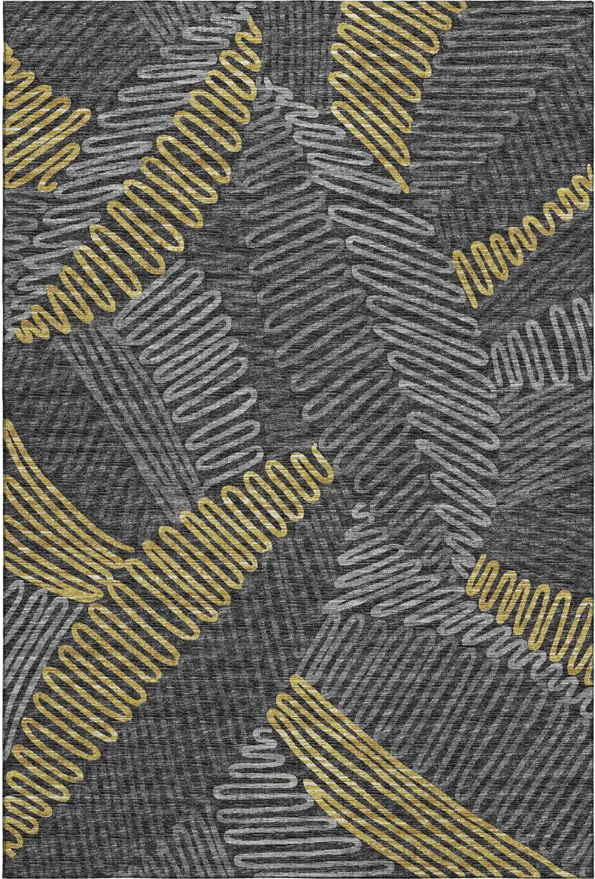 Gray Gold And Black Botanical Leaves Washable Area Rug With UV Protection Photo 2