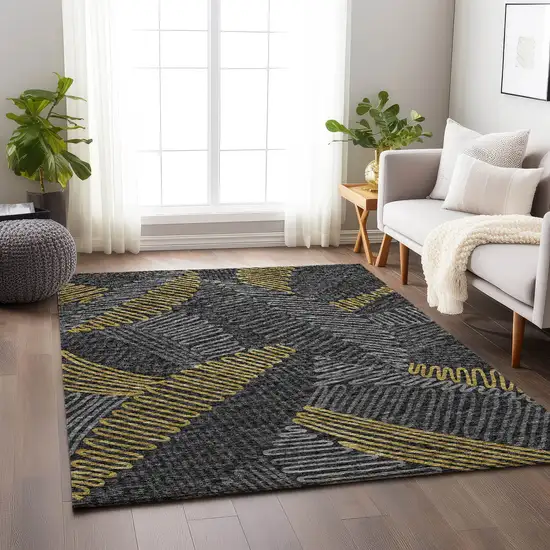 Gray Gold And Black Botanical Leaves Washable Area Rug With UV Protection Photo 4