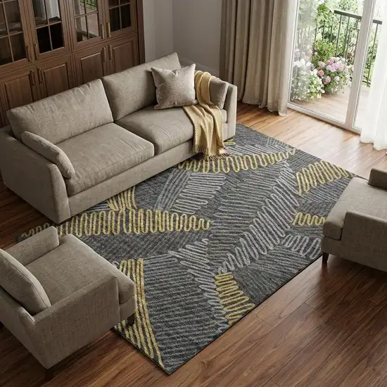 Gray Gold And Black Botanical Leaves Washable Area Rug With UV Protection Photo 1