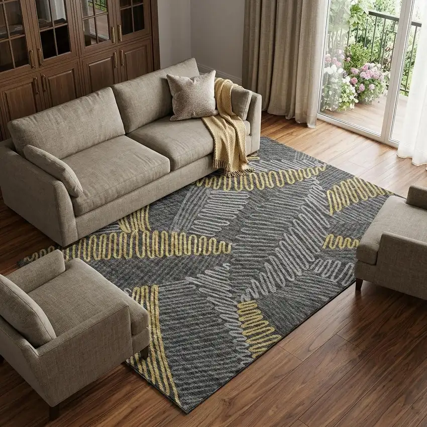 Gray Gold And Black Botanical Leaves Washable Area Rug With UV Protection Photo 1