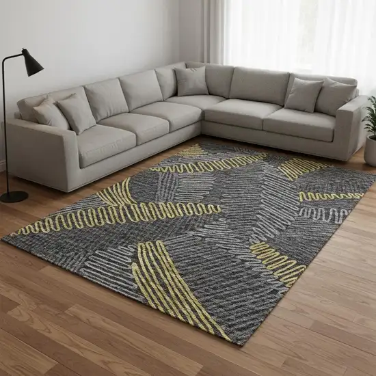Gray Gold And Black Botanical Leaves Washable Area Rug With UV Protection Photo 1